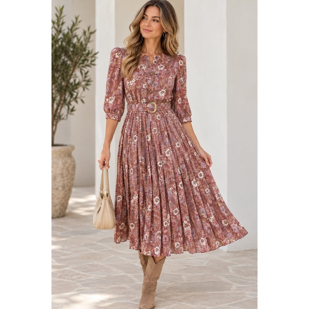 Vintage Lady Carol of New York Floral Pleated Midi Dress Made USA Size 12